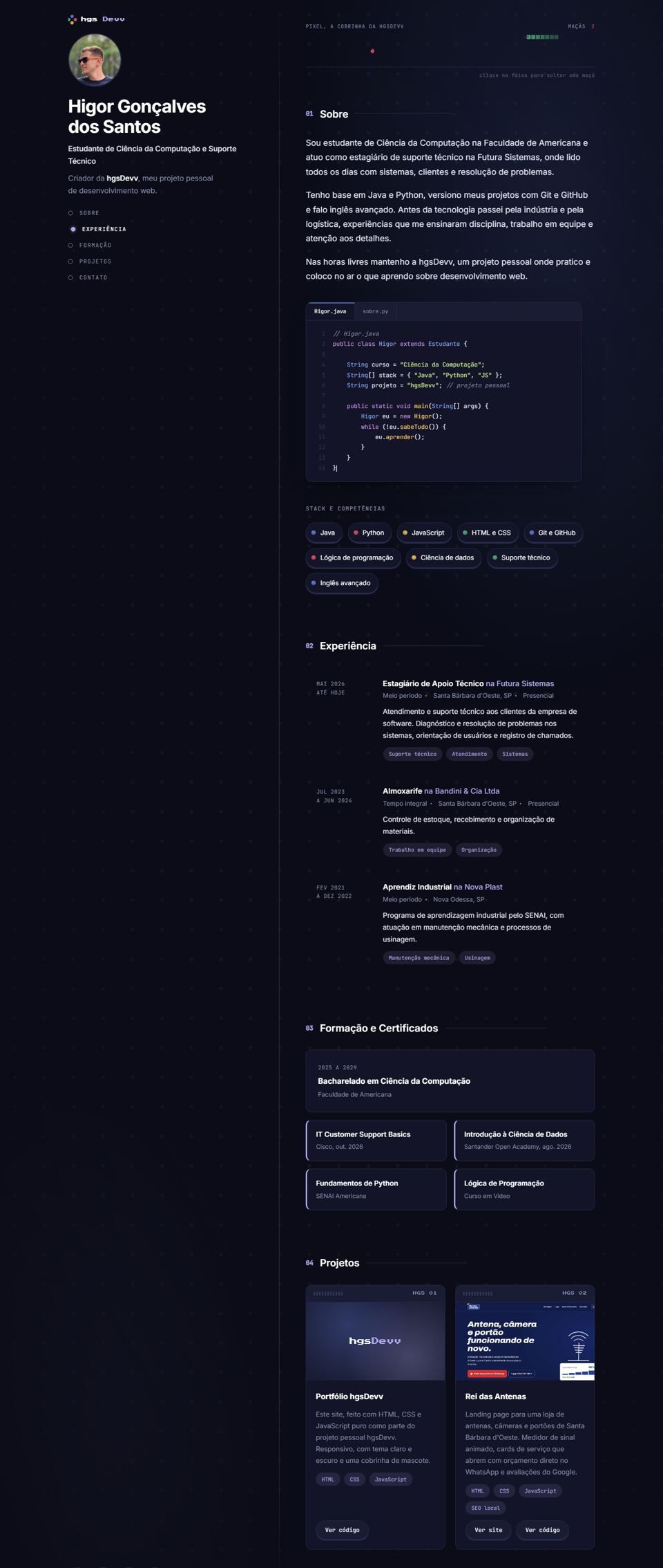 Portfólio hgsDevv: foto do Higor, a cobrinha Pixel no topo e um editor de código